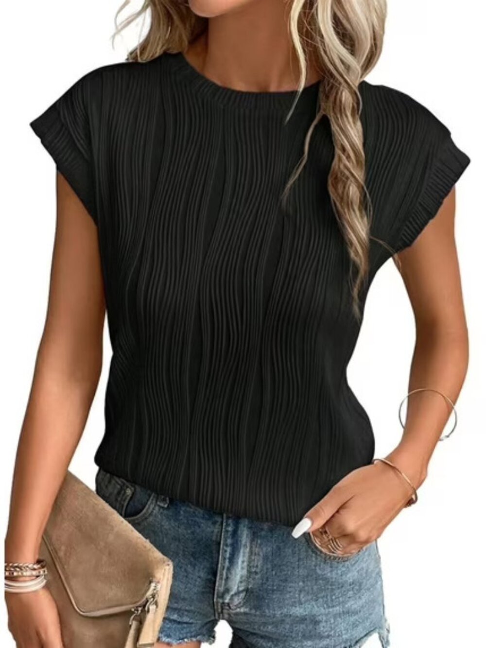 Shewin Wavy Textured Black Knit Top